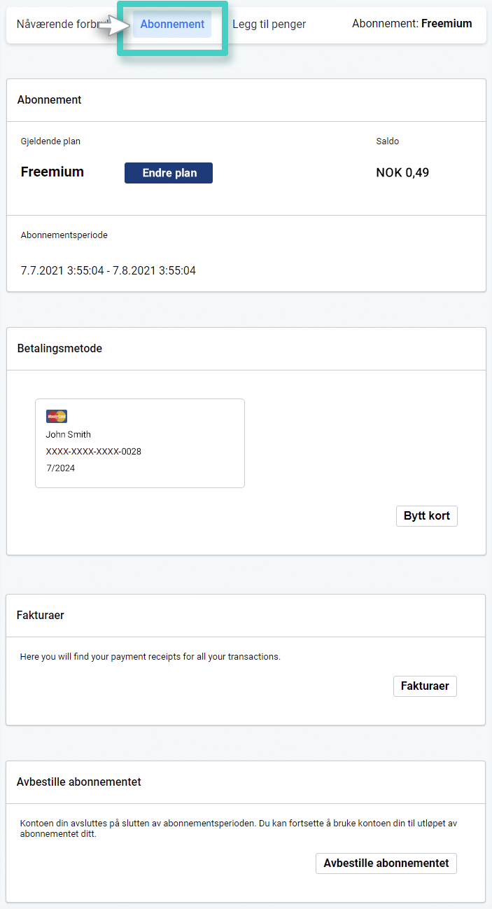 Faktureringsdelen. Abonnement-fanen er uthevet