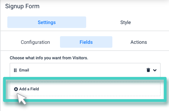 Customer signup rules settings. Fields tab. Add a field button is highlighted