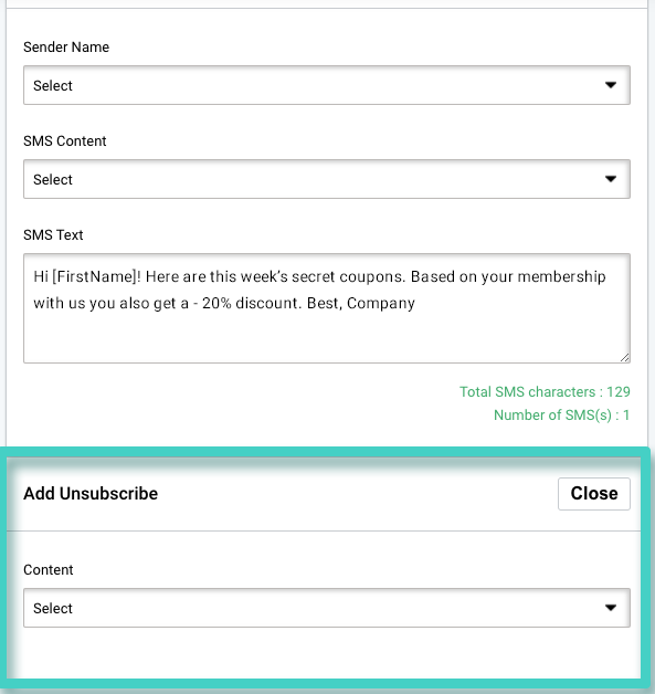 SMS campaign unsubscribe template. SMS sending overview. Add unsubscribe section is highlighted