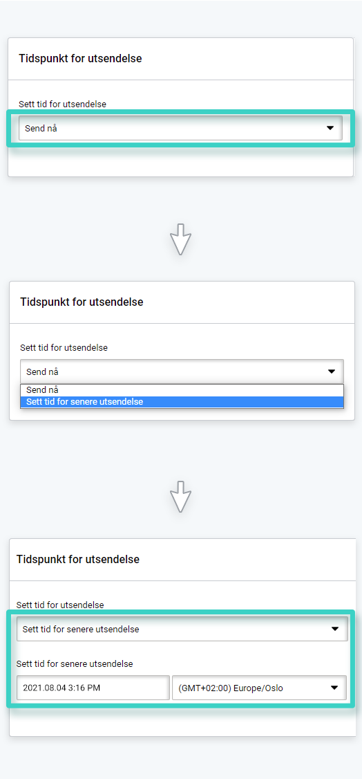 E-postskaper, sendealternativer. Send nå eller planlegg sending av e-post