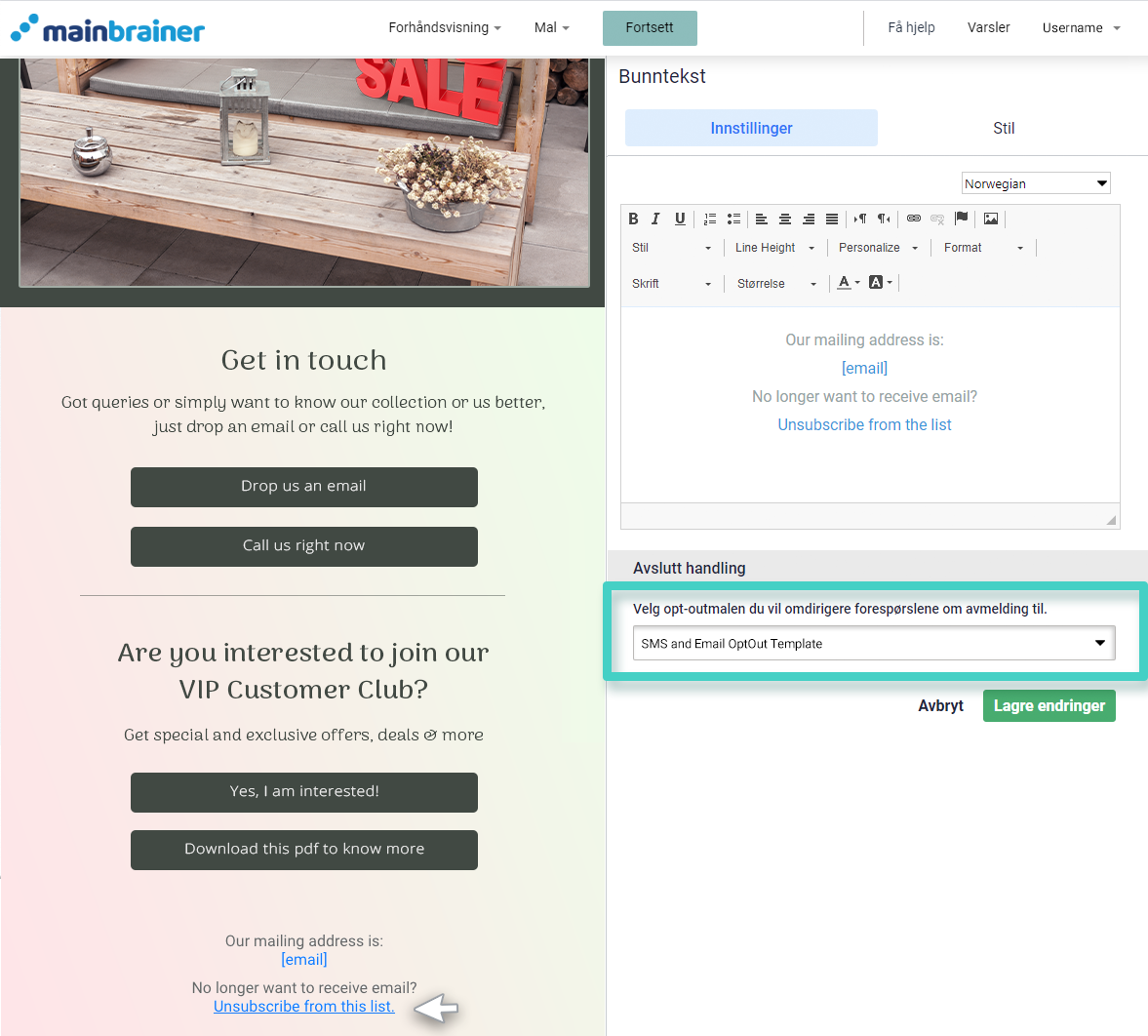 Avmeldingsmal for SMS og e-post, bunntekstinnstillinger for landingsside. Avslutt abonnement på handlingsliste