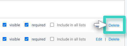 CRM custom fields properties. Delete button is highlighted