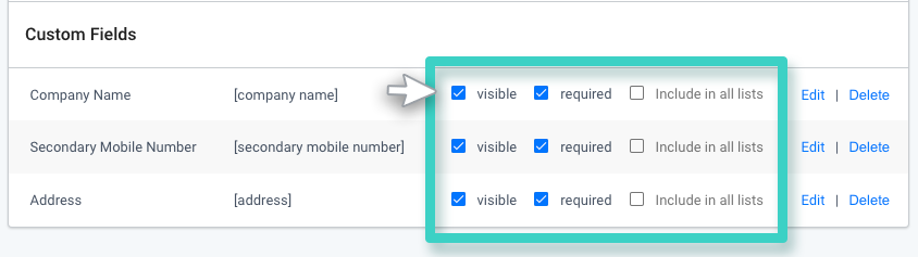 CRM custom fields properties. Checkboxes with visible and required selected