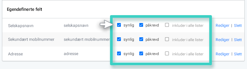 Egenskaper for egendefinerte CRM-felter. Avmerkingsbokser med synlig og nødvendig valgt