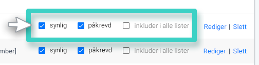 Egenskaper for egendefinerte CRM-felter. Avmerkingsbokser med alternativer synlig