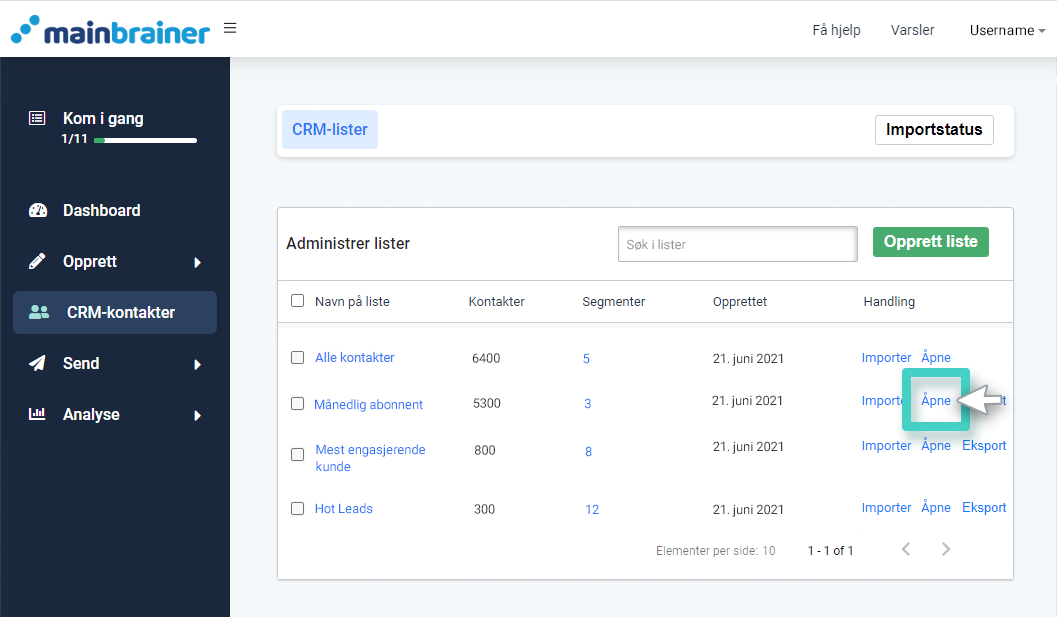 Egenskaper for CRM-felter, listeoversikt. Åpne-knappen er uthevet