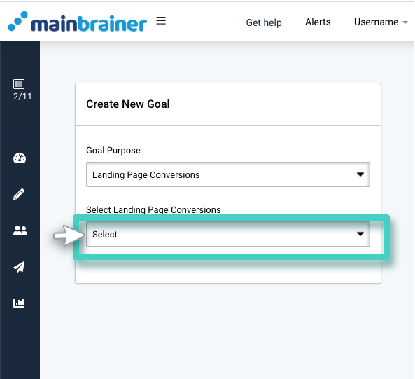 Landing page conversion goals. Select goal purpose. Choose landing page conversions