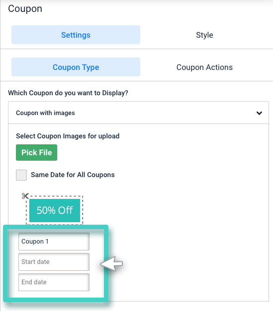 Define coupon, validity for start and end date time for landing page
