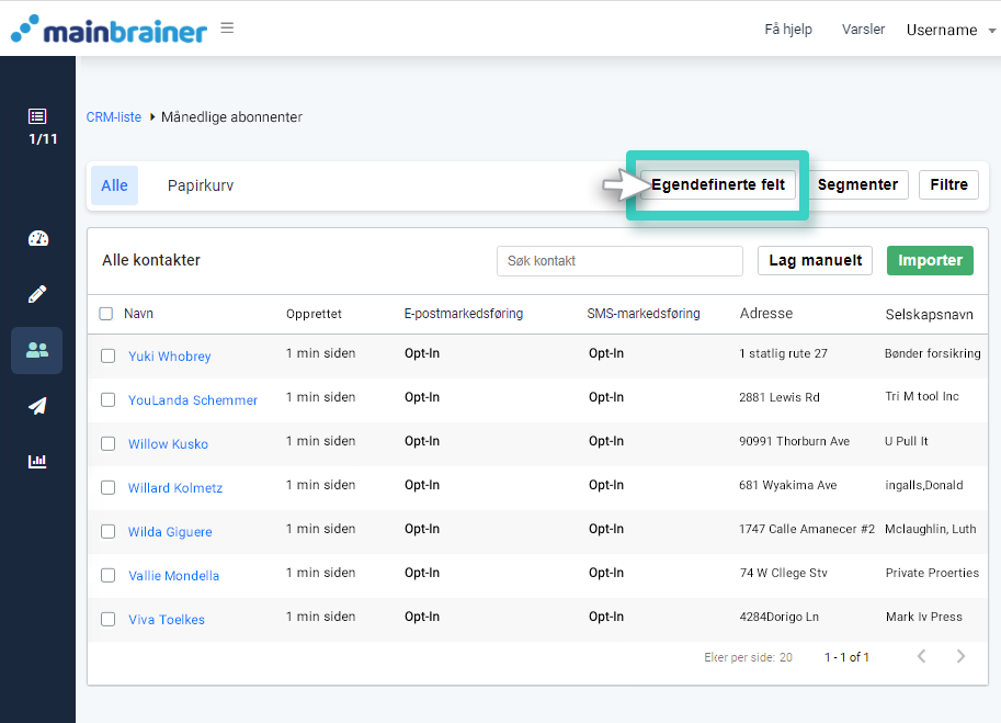 Egenskaper for egendefinerte CRM-felter, oversikt over månedlig abonnentliste