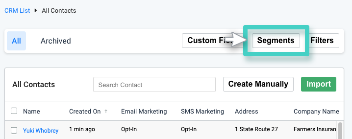 CRM, all contacts. Segments button highlighted