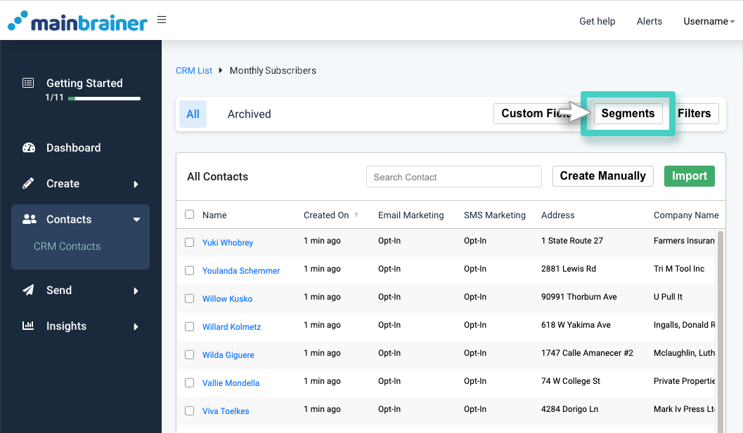 CRM segment, monthly subscribers list overview. The segments button is highlighted