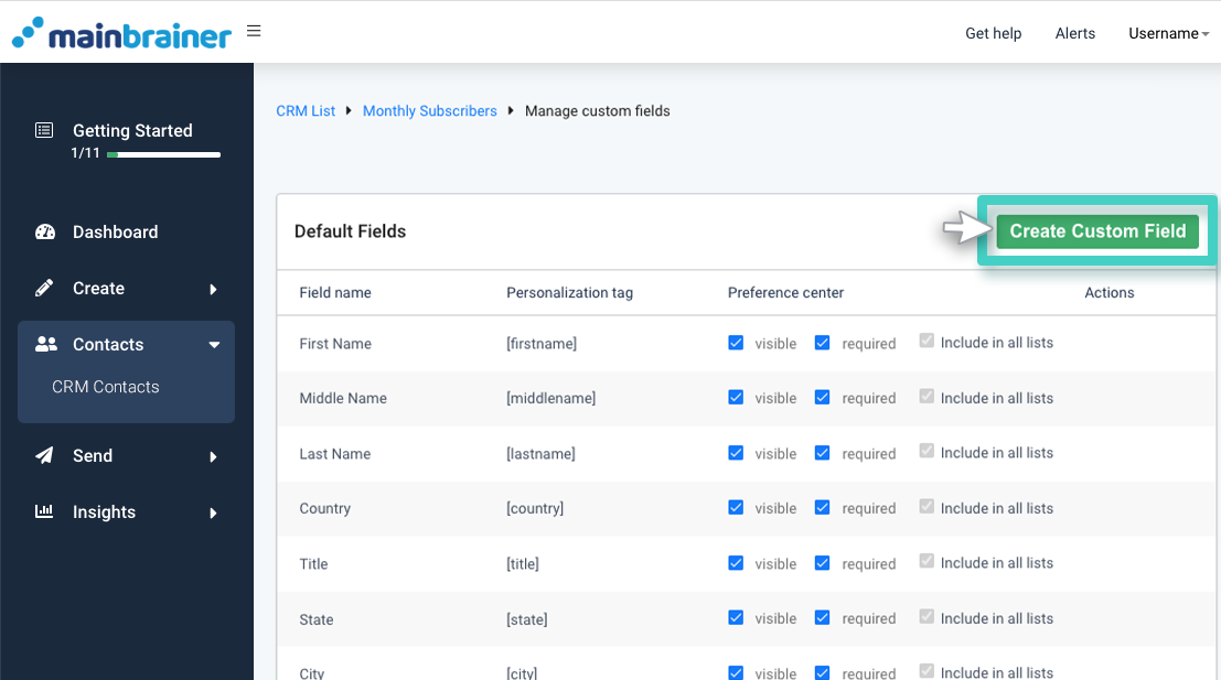 CRM custom fields, default fields. The create custom field is highlighted