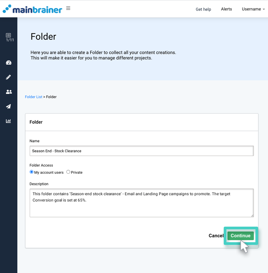 Folder menu, create name and description