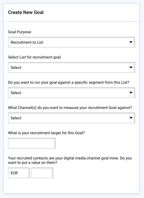 Contact list goals, create new goal. Create leads growth goal. Set goal parameters