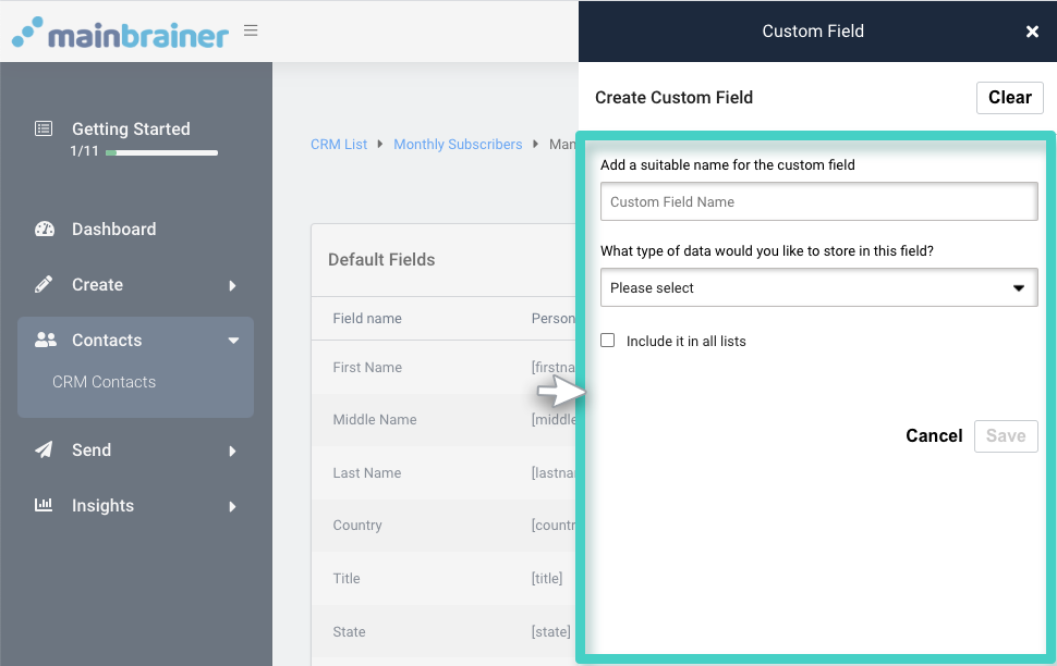 CRM custom fields, create custom field. Name and select data type 