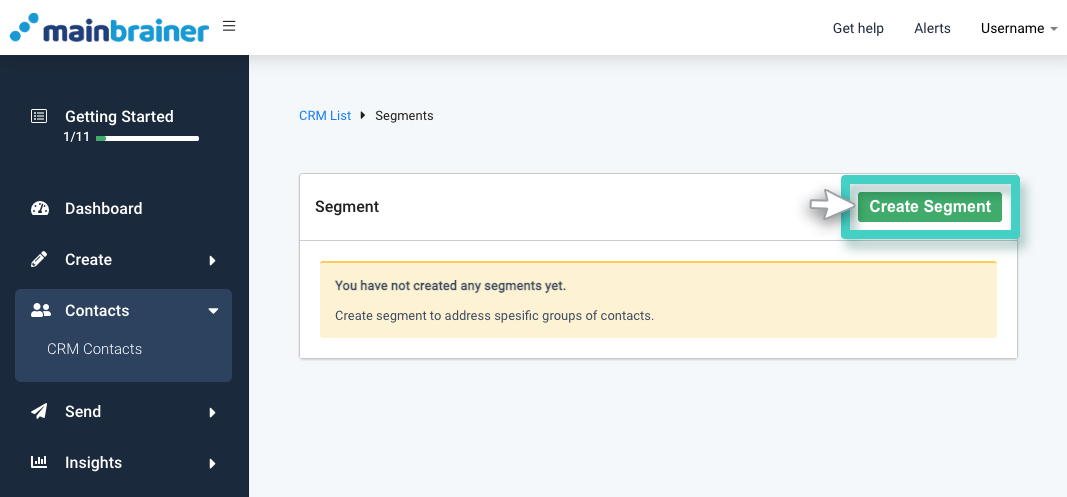 CRM segment. The create segment button is highlighted