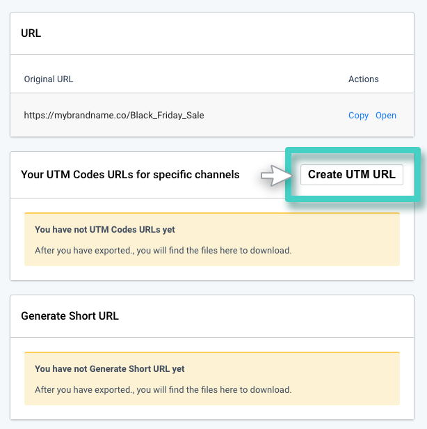 Landing page UTM codes. the create UTM url button is highlighted