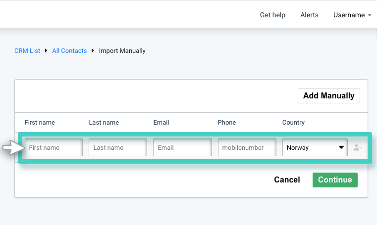 Import manually. First name, last name, email, phone and country are highlighted