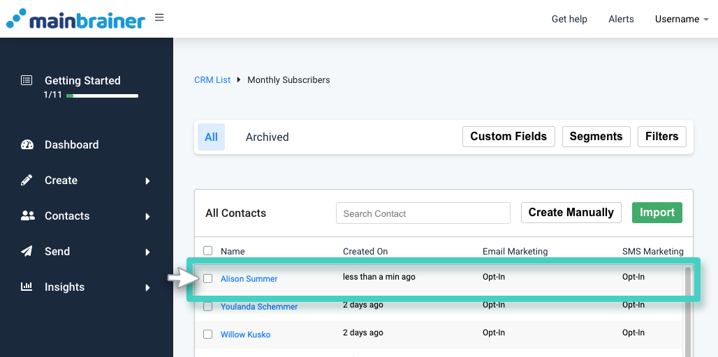CRM adding contact, monthly subscribers list overview. The contact data is highlighted