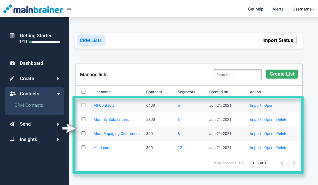 CRM adding contact, list overview