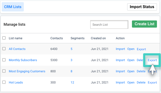 CRM export, CRM lists overview. Export button is highlighted