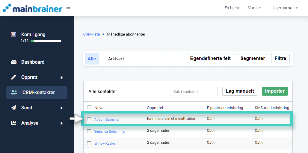 CRM legger til kontakt, månedlig oversikt over abonnenter. Kontaktdata er uthevet