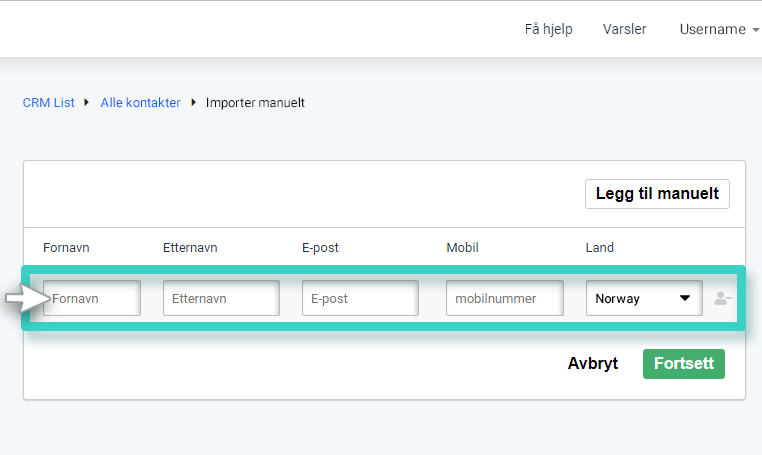 Importer manuelt. Fornavn, etternavn, e-post, telefon og land er uthevet