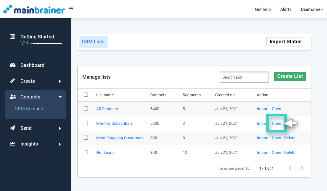 CRM adding contact, list overview. The open button is highlighted