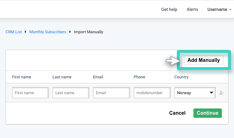 CRM adding contact, import manually. Add manually button is highlighted