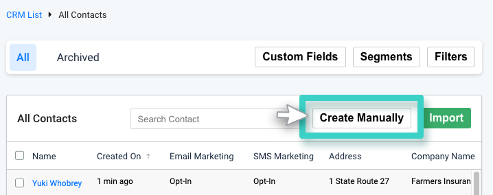CRM, all contacts. Add manually button highlighted