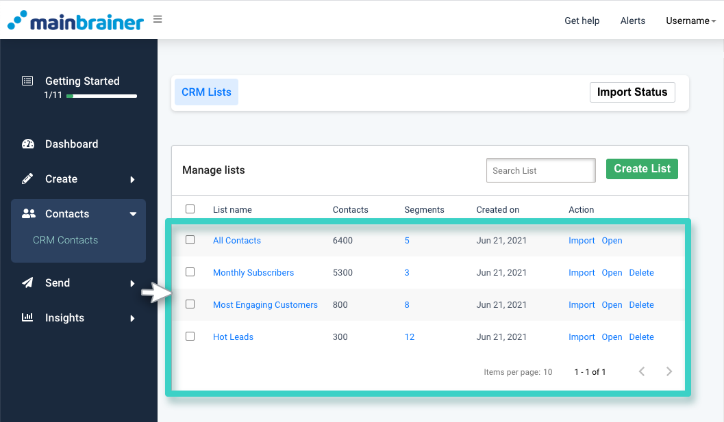 CRM import, list overview