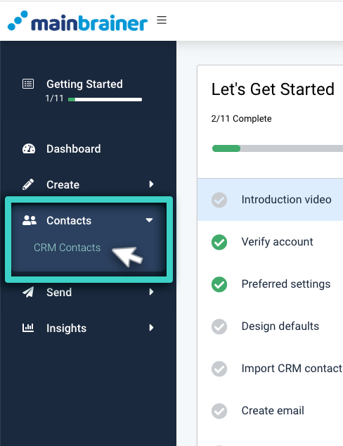 CRM export segment, contacts menu. CRM contacts highlighted