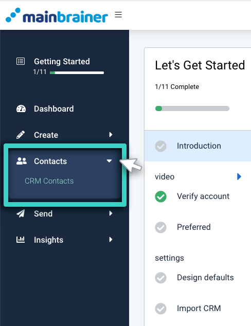 CRM, contacts menu. CRM contacts highlighted