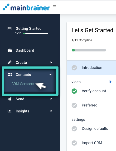 Navigate to CRM list, contacts menu. CRM contacts highlighted