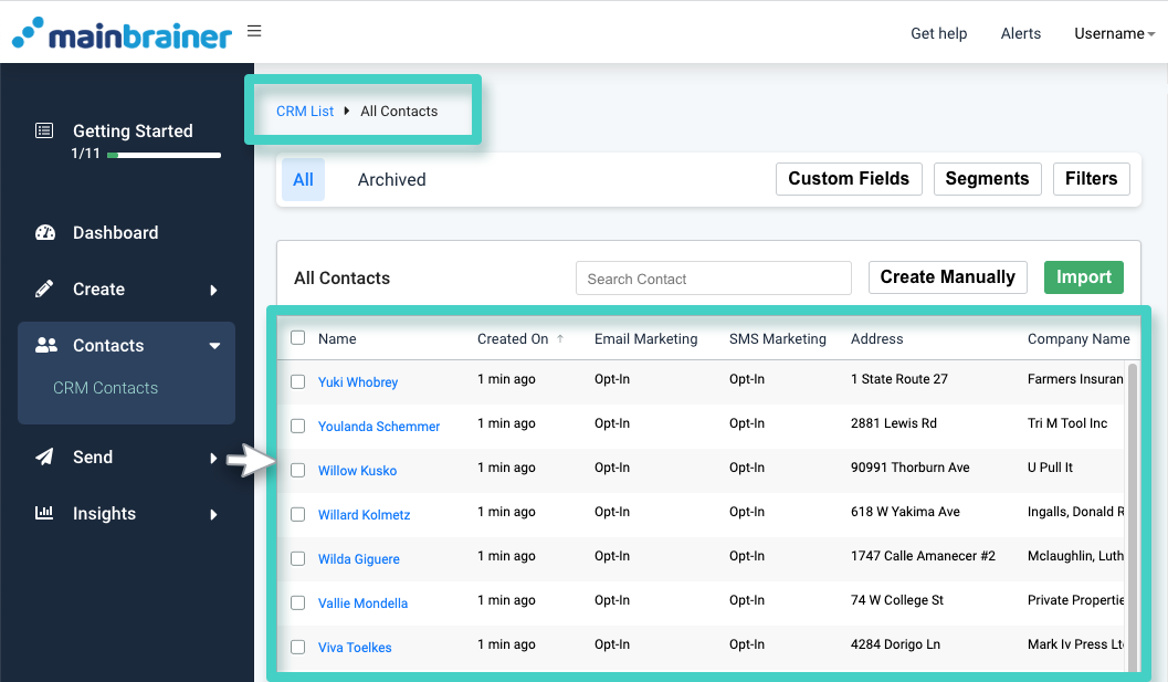 CRM, all contacts overview