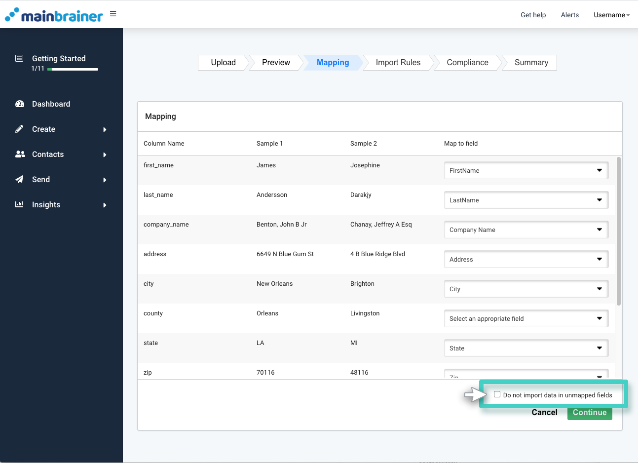 MainBrainer CRM import contacts, mapping tab. Do not import unmapped fields box