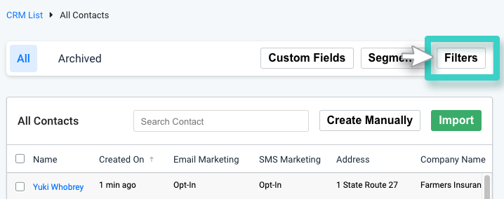 CRM, all contacts. Filters button highlighted