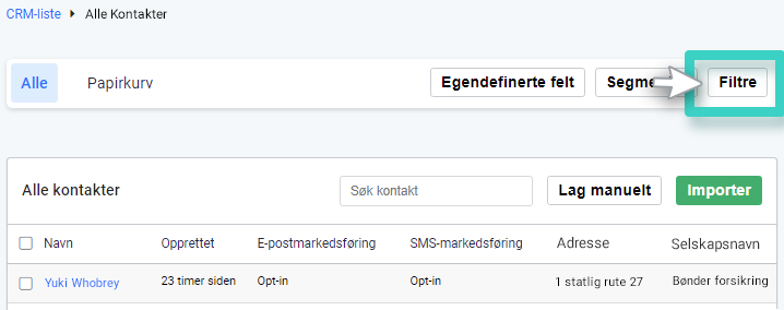 CRM, alle kontakter. Filtre-knappen er uthevet