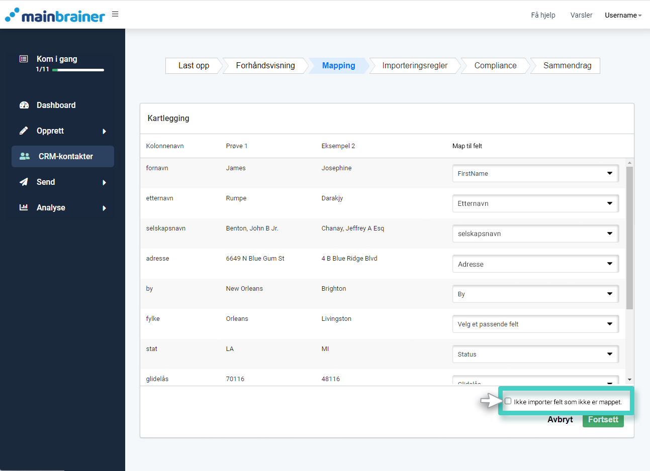 MainBrainer CRM import kontakter, kartleggingsfanen. Ikke importer ikke-tilordnede felter