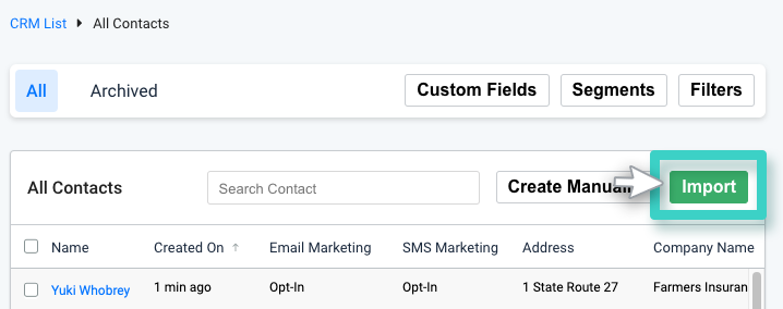 CRM, all contacts. Import button highlighted