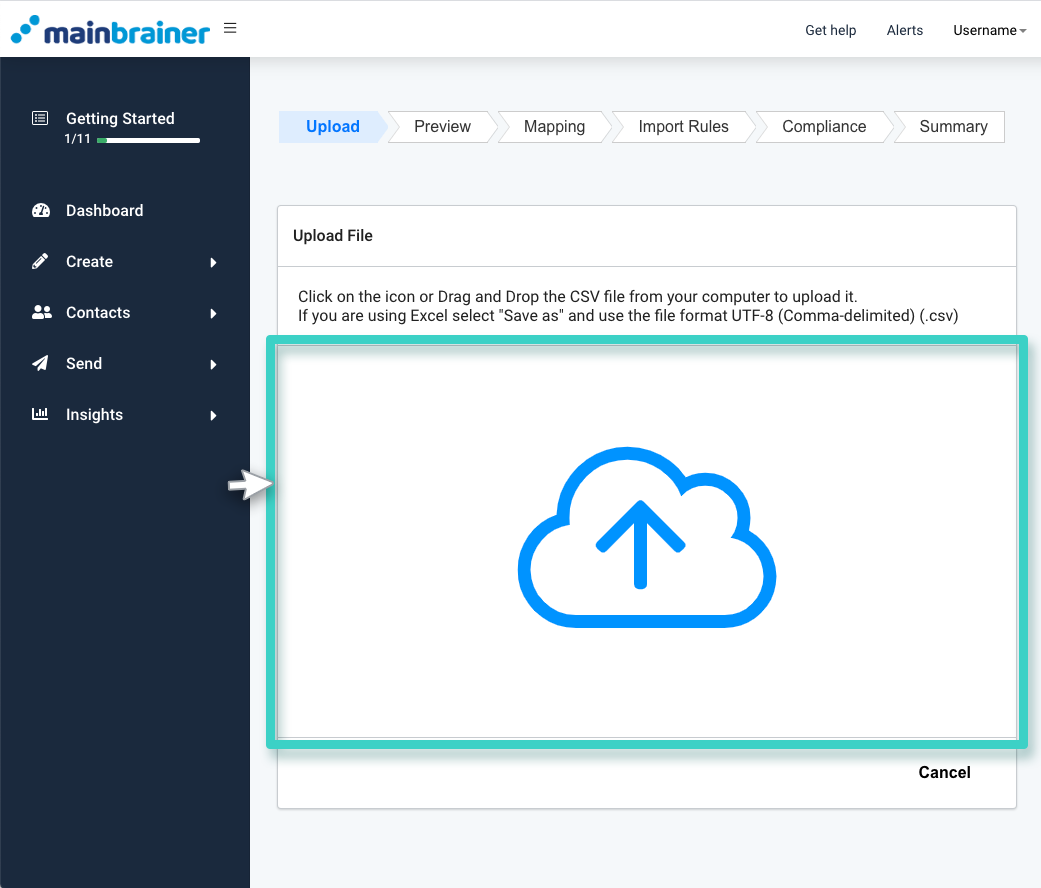 MainBrainer CRM import contacts. The upload section is highlighted