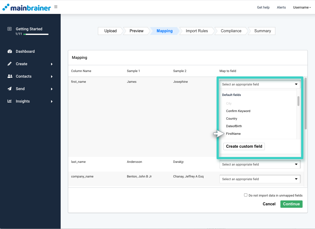 MainBrainer CRM import contacts, mapping tab. List of default fields is highlighted