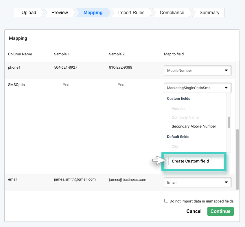 Map to field dropdown menu with create custom field button highlighted