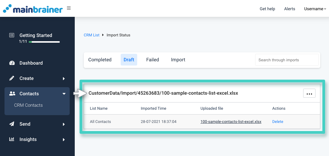 MainBrainer CRM import contacts, import status. Draft tab is highlighted