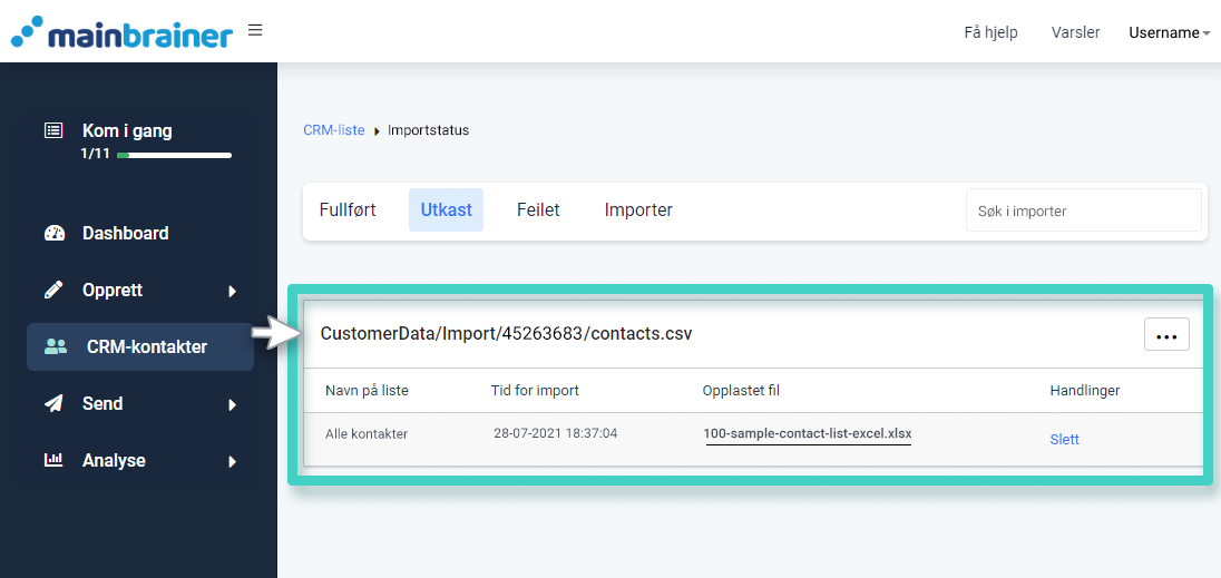 MainBrainer CRM import kontakter, import status. Utkast-fanen er uthevet