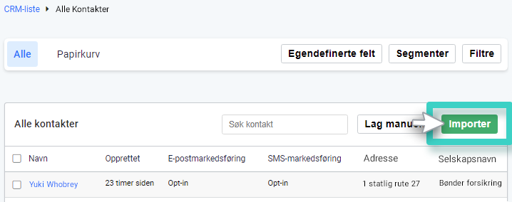 CRM, alle kontakter. Importer-knappen er uthevet