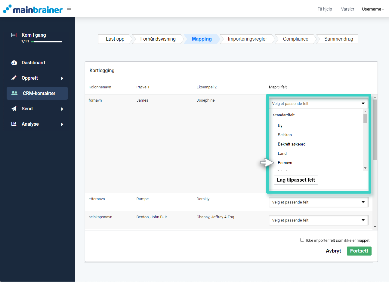 MainBrainer CRM import kontakter, kartleggingsfanen. Liste over standardfelt er uthevet