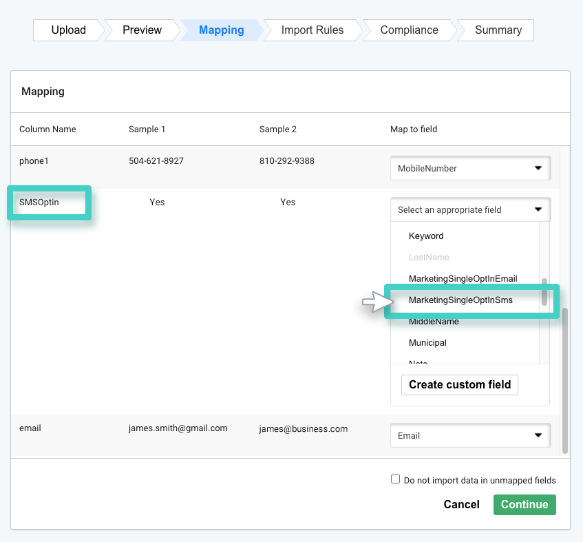 Map to field dropdown menu with marketing single opt in SMS highlighted