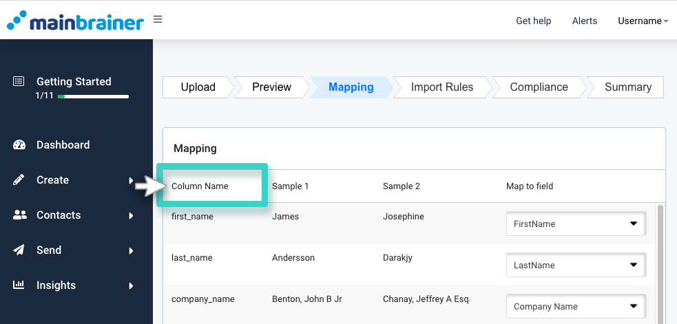 CRM custom import, mapping. Column name is highlighted