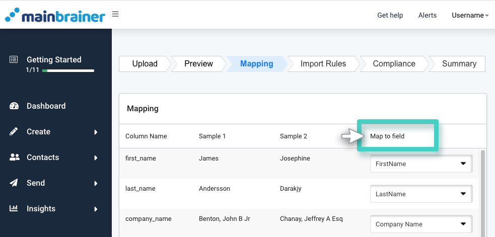 CRM custom import, mapping. Map to field column highlighted